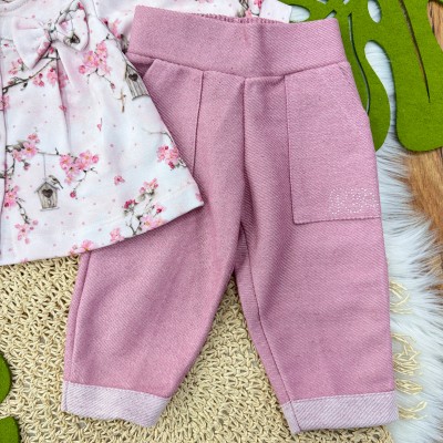 Conj. Casaco Florzinhas com Casinhas de Passarinhos  e Calça de Linho - Rose